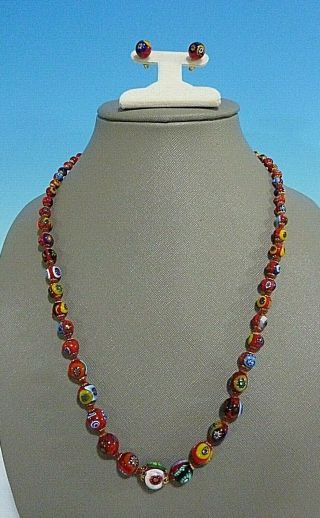 Vintage Venetian Murano Italy Knotted Millefiori Glass Bead Necklace,  Earrings