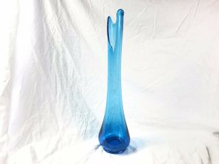 Large 21” Blue Swung Glass Footed Vase,  Vintage Mid Century Art Decor