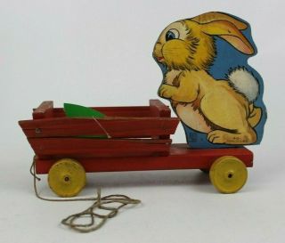 Vtg Fisher Price Toys 1940s Rabbit Easter Bunny Red Cart Wagon Pull Toy 401
