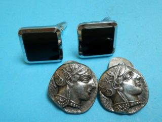 2 Pairs Vintage Solid Silver Cufflinks,  1 Pr Greek Design,  1 Pr Black Onyx.