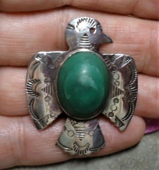 Vintage Native American Sterling Silver Large Green Stone Peyote Bird Brooch Pin