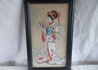 Vintage Needlepoint Hand Made Stitched Framed Geisha