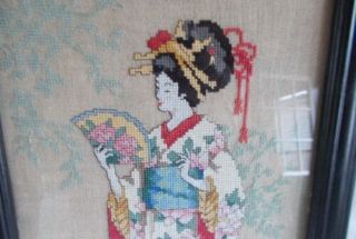 Vintage Needlepoint Hand Made Stitched Framed Geisha 4