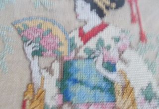Vintage Needlepoint Hand Made Stitched Framed Geisha 6