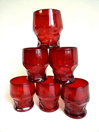 6 Vintage 1957 Anchor Hocking " Honeycomb " Royal Ruby Red 4 " Glass Tumblers Set