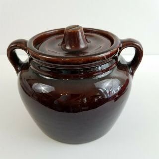 Vintage Stoneware Brown Glazed Bean Pot 2 Handles Crock Marked Usa