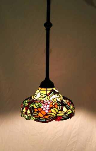 VINTAGE MOSAIC ARTS & CRAFTS TIFFANY STYLE STAINED GLASS HANGING PENDANT LAMP. 2