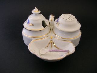 Vintage European Porcelain Cruet Set Salt Dish Pepper Mustard Gilt Hand Painted