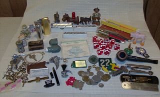 Vintage Junk Drawer Stuff Pens,  Misc Keys Lighters Pipe Stuff Dice Girl Scout