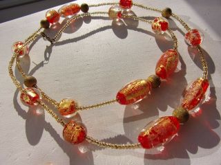 Vintage Murano Cherry Red Glass Gold Fleck Bead Necklace Cased Stunning Italian