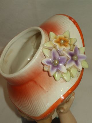 Vtg Ceramic Girl Lady Head Vase Open Hand JAPAN Red Clover in Wreath Mark Flower 5