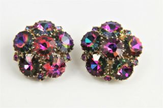 Vintage Estate Jewelry Madeleine Rainbow Multi Color Rhinestone Clip Earrings