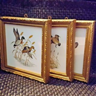 Set 3 Vtg Ducks - Geese - Pheasants Bird Tile Art Hand Painted 5 " Sq Gilt Wood Frames