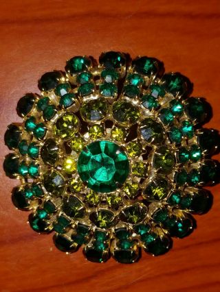 Vintage Jewelry Domed Brooch/pin Green Rhinestones -