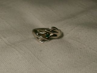 .  Vintage Sterling Silver Hands Holding Natural Emerald Ring.  Size 7.
