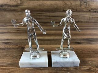 Vtg Table Tennis Metal Marble Mid Century Trophy Award Set Ping Pong Sports