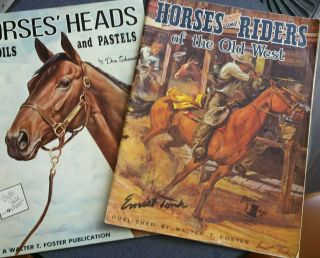 2 Vintage Walter T.  Foster Art Books Horses Heads & Horses & Riders Of Old West