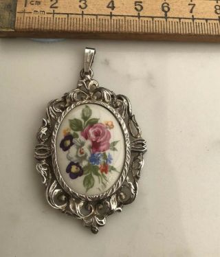 Pretty Vintage Silver 925 Pendant With Hand Painted Flowers,  Italy