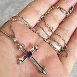 Vintage Art Deco Jewellery Crafted Amethyst Cabochon Solid Silver Cross Necklace