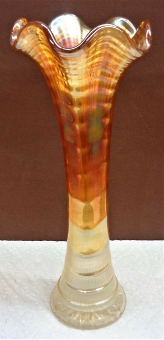 Vintage Marigold Sashed Carnival Glass 10 1/4 " Tall Fluted Vase