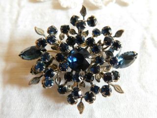 Vintage Sapphire Blue Crystal Rhinestone Large Brooch Pin Unsigned Judy Lee