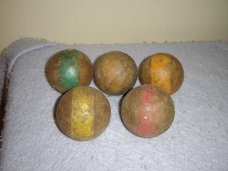 5 Vintage Solid Wood Croquet Balls,  Primitive Wooden With Stripes