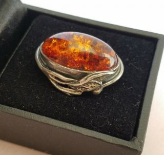 Vintage Large Sterling Silver Baltic Amber Abstract Ring Leaf Design Size 7.  5