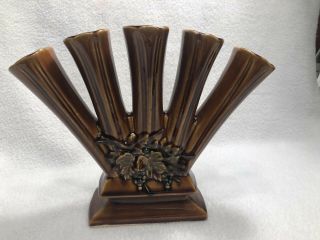 Vintage Mccoy Usa Brown Drip 5 - Finger Vase Grapes & Leaves