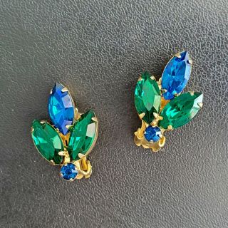 D&e Juliana Vintage Sapphire Blue Emerald Green Rhinestone Flower Earrings P73