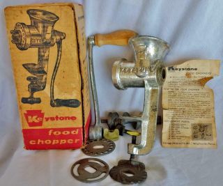 Vintage Keystone No.  1 - 0 Hand Crank Meat Grinder Food Chopper Attachments & Box