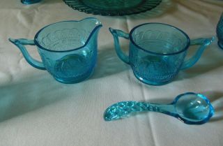 Vintage Wheaton Blue Glass Creamer And Sugar Bowl With Blue Spoon