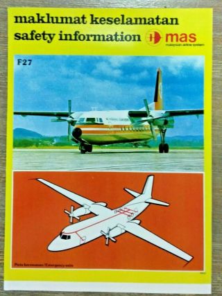 Airline Safety Card Vintage Fokker F27 Malaysia Airlines Collectible