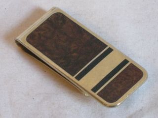 Vintage Money Clip Gold Tone W/ Wood Wooden Inlay Made In U.  S.  A.  Cash Holder