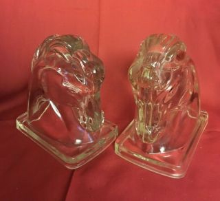 Pair Vintage Glass Crystal Horse Head Bust Bookends Mid Century Modern