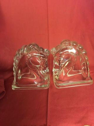 Pair Vintage Glass Crystal Horse Head Bust Bookends Mid Century Modern 2