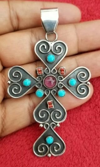 Vintage Mexican Sterling Silver 925 Turquoise Amethyst Cross Pendant Malt Style