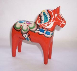 Vintage Nils Olson Wooden Red Dala Horse Hand Crafted Sweden Folk Art