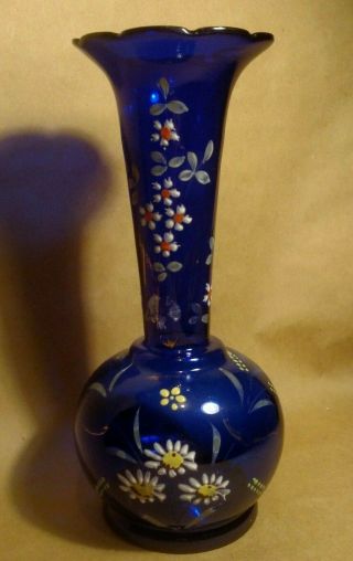 Vintage Cobalt Hand Painted,  Hand Blown Glass Vase,  Art Glass,  Floral Design