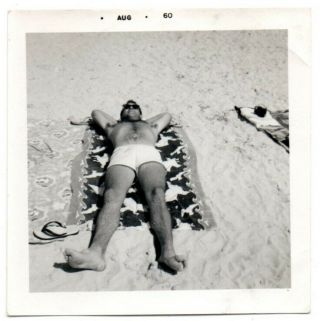 Good Looking Shirtless Man Laying Out On Beach Swimsuit Vintage Snapshot Photo