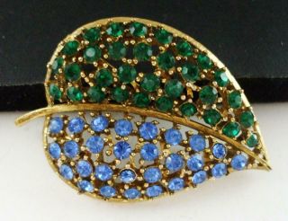 Pretty Vintage Lisner Blue & Green Rhinestone Flower Or Leaf Pin Brooch