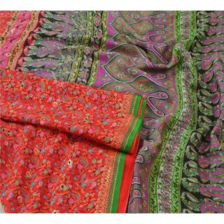 Sanskriti Vintage Red Saree 100 Pure Silk Printed Sari 5 Yd Fabric Decor Craft 2