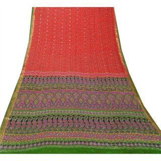 Sanskriti Vintage Red Saree 100 Pure Silk Printed Sari 5 Yd Fabric Decor Craft 3