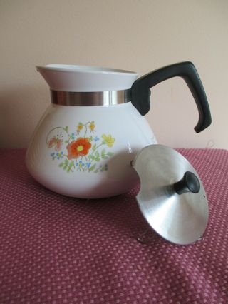 Vintage Corning Ware Teapot,  6 Cup,  Metal Lid,  Wildflower Pattern