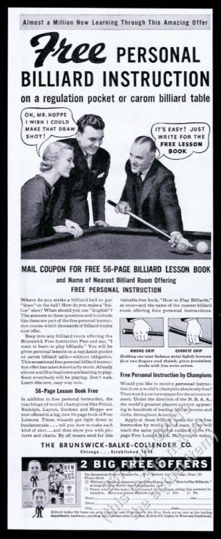 1935 Willie Hoppe Photo Brunswick Billiards Pool Table Vintage Print Ad