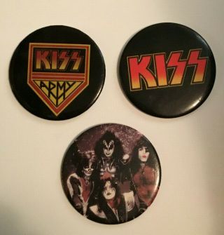 Kiss Lor Of 3 Hotline 1977 Aucoin 3 " Buttons - Logo,  Group,  Kiss Army Vintage - L@@k