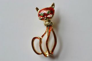 Vintage Gold Tone Red Enamel Green Jewel Eyes Playful Cat Pin Brooch
