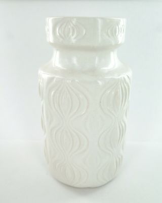 . West German Sturdy Vintage Pottery Vase With White Glaze & Ornate Etched Design