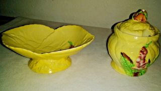 Set Of 2 Vintage Carlton Ware Foxglove Footed Dish Yellow & Honey Jar Lid
