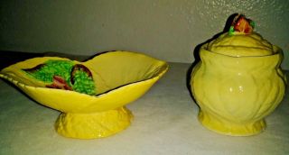 Set of 2 Vintage Carlton Ware Foxglove Footed Dish Yellow & Honey Jar Lid 3
