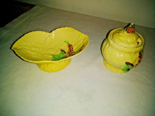 Set of 2 Vintage Carlton Ware Foxglove Footed Dish Yellow & Honey Jar Lid 5